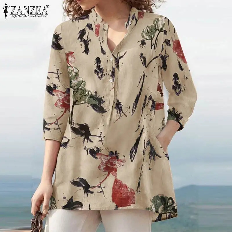 ZANZEA Womens Autumn Flower Printed Shirt Bohemian 34 Sleeve Holiday Chemical Casual Party Blusas Tuned Top w240824