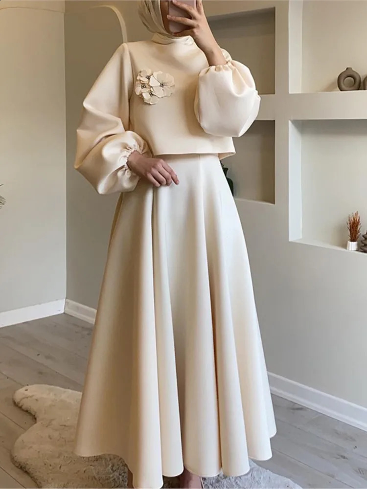 Muslim Floral Solid Skirts Two-piece Set Women Ramadan Prayer Dubai Turkey Middle East Long Lantern Sleeve Top Skirt Suit 240823