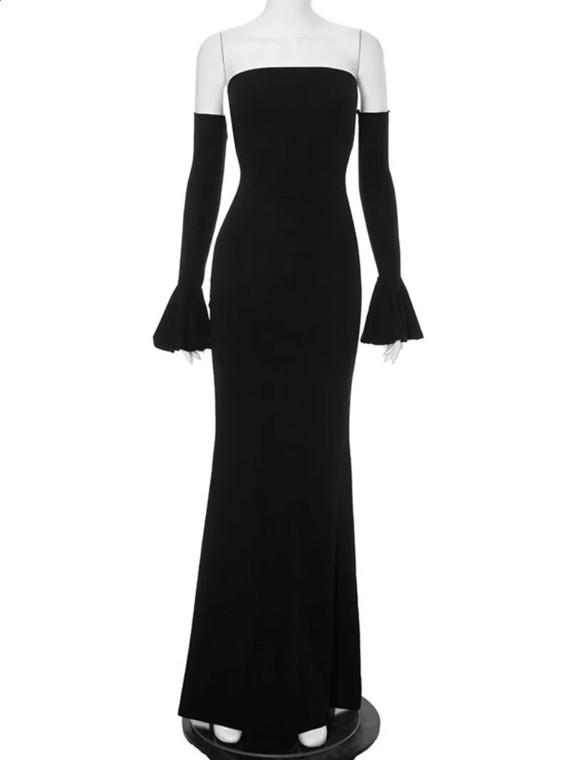Woman Clothes Strapless Bodycon Long Dress Elegant Sexy Female Flare Sleeve High Waist Backkless Evening Dresses Black White 240823