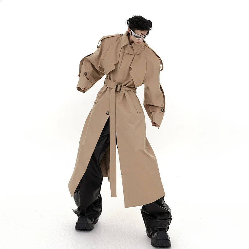 FEWQ Mens Long Overcoat Shoulder Pad Windbreaker Streetwear Safari Style Knee Length Coat Fashion Male Clothing 9C1708 240822