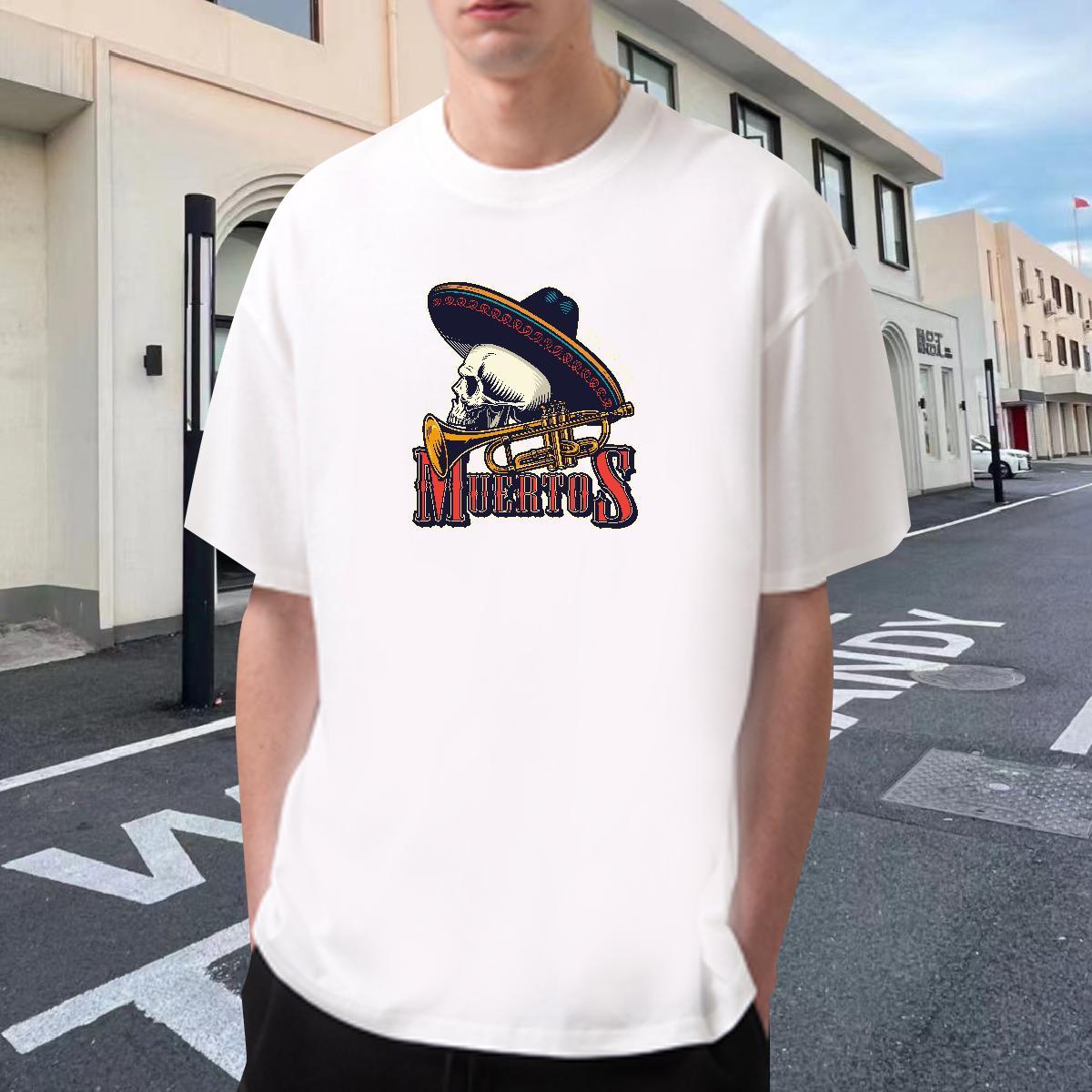 Free Shipping T Shirts Men 230g Pure Cotton skull Street Casual White Plus Size O-Neck Short Sleeve Men Tees DIY Polos