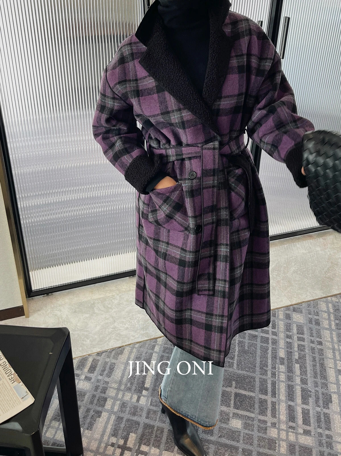 Woman Oem Plaid Woolen Tweed Fur Teddy Reversible Blazers Long Jackets Coats Clothes Korean Fashion Tops Winter Trench 240822