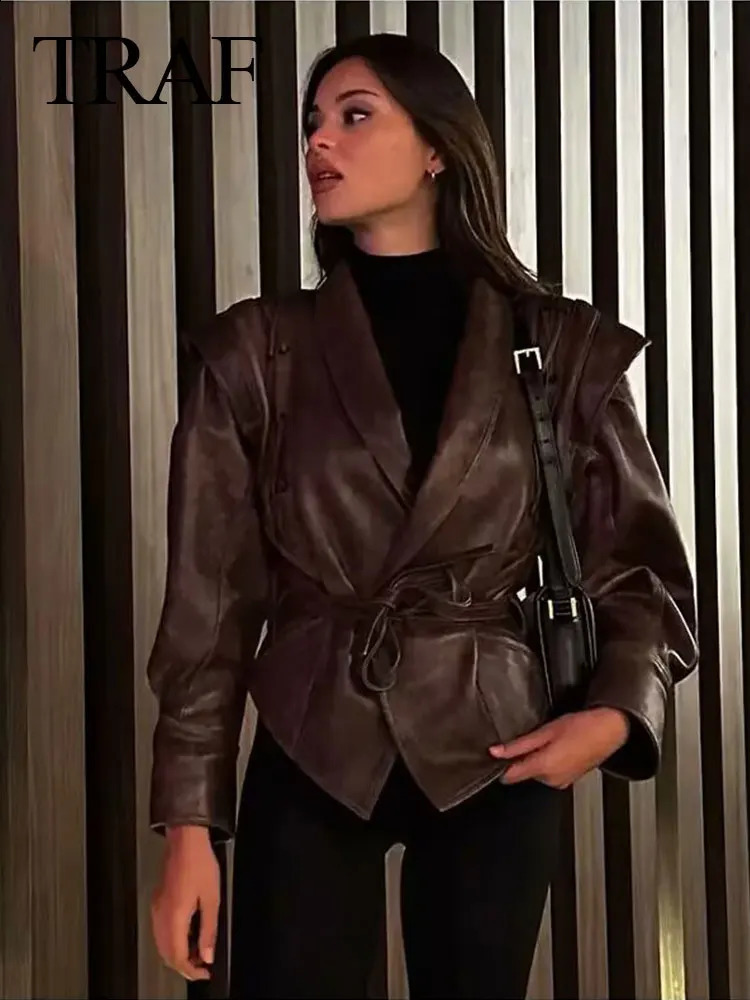 TRAF Female Street Leather Jacket Spring Womens Versatile Brown Long Sleeves V-neck Single Breasted Lace-up Causal Coats 240823