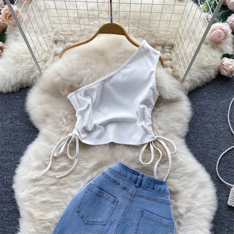 Summer Women Two 2 Piece Set Sexy One Shoulder Crop TopHigh Waist Button-up Denim Skirts Korean Office Lady Sleeveless Suits 240822