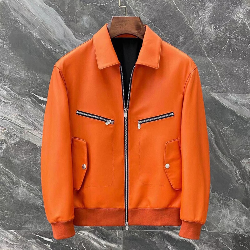 Mens Sheepskin Jacket - High-Quality Custom Yellow Genuine Leather Coat Fashionable and Handsome English Style 240822