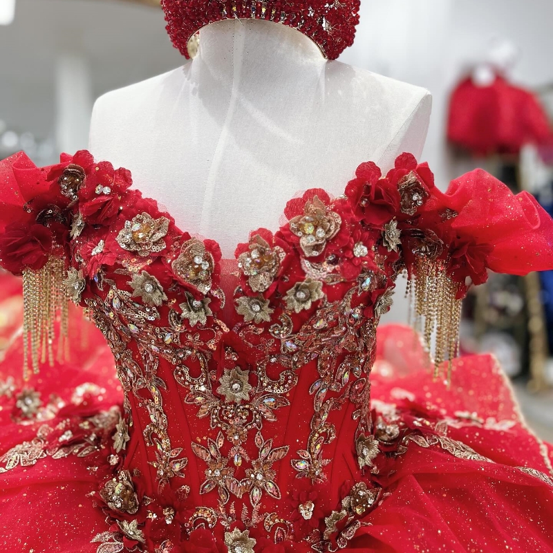 Red Shiny Quinceanera Dresses Off The Shoulder Gold Lace Applique Beading Tull Mexican Corset Sweet 16 Vestidos De 15 Anos