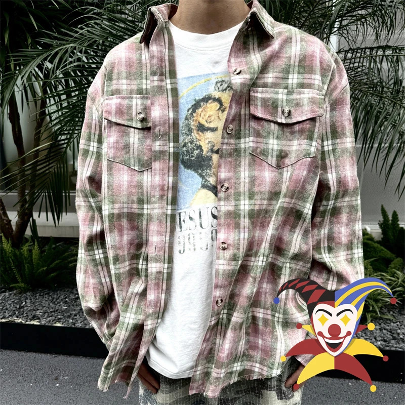 Retro Distressed Halo Dyeing Flannel Cotton Plaid Shirts Men Women Oversize Shirts Top 240822