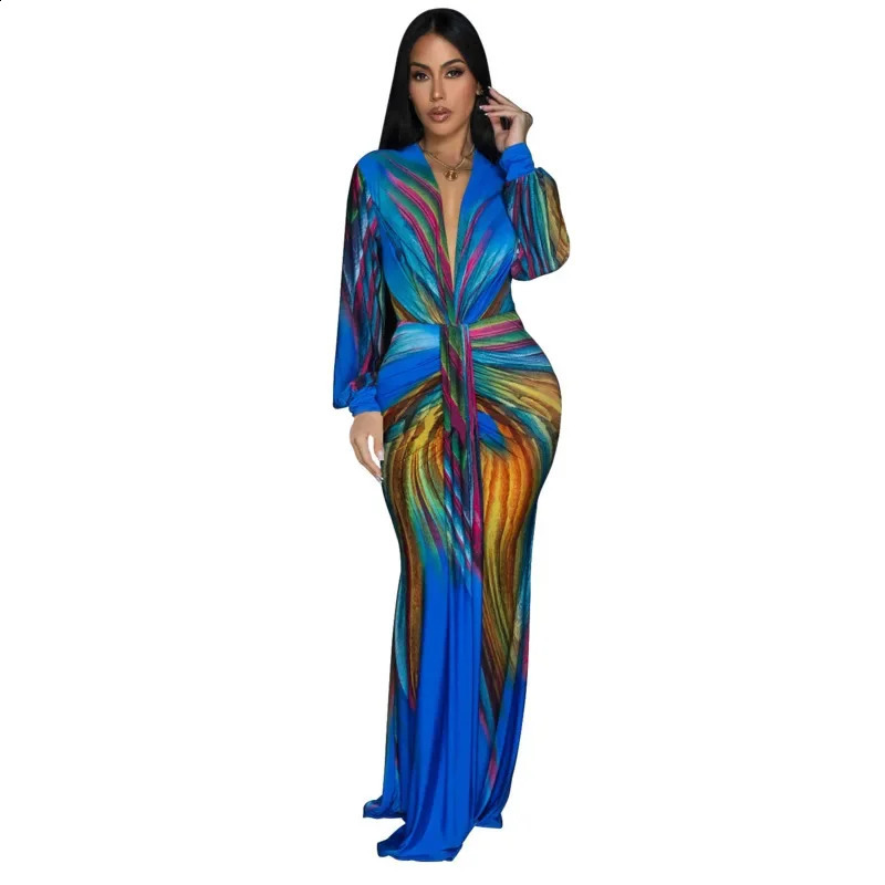 Bohemian Gradient V Neck Lace Up Dress For Women Summer Sexy Slim Fit Long Sleeved Evening Dress Fashionable Pleated Long Dress 240823