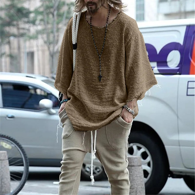 Long Sleeve O-neck T-shirt Mens Casual Loose Top Thin Solid Color Mens Knitted Street Style Pullover T-shirt Mens Clothing 240823