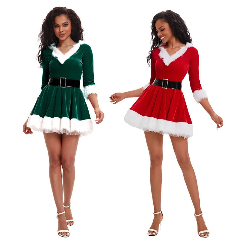 Fashion Womens Half Sleeve Solid Color Santa Claus Christmas Theme Costume Role Playing Set Belt Fancy Dress 240823
