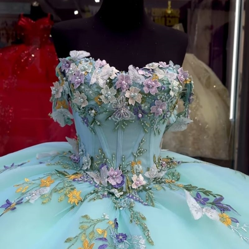Aqua Blue Shiny Quinceanera Dresses Off the Shoulder Ball Gown Applique Bow Beads Crystal ral Girls Birthday Party Vestido15 vx Anos Sweet 16