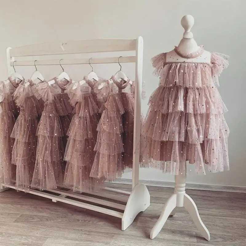 Fashion Girl Summer Party Dress Kids 2024 new sequined ruffled sleeves princess costume baby black evening dress party chiffon costume 2-8Y W240823