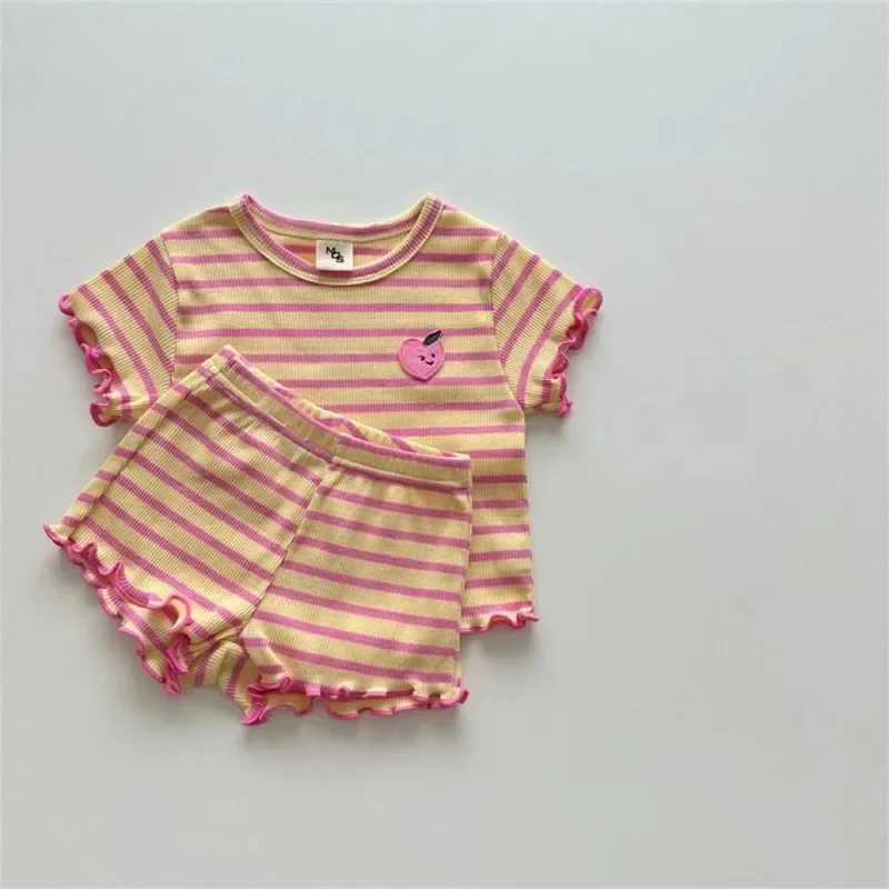 2024 summer new baby striped short sleeved clothing set girls ear top+short 2-piece set childrens grape pattern clothing project W250218