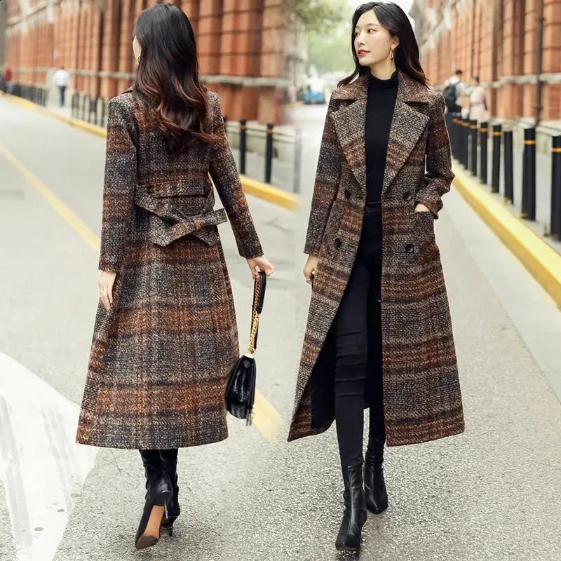 Plaid Woolen Coat Women Long Korean Style Waist Female Autumn Winter Thick Slim-fit Over-the-knee Woolen CoatM540 240822