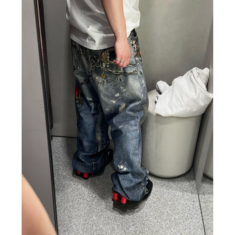 New Ac Style 3d Printed Pants Chain American Street Jeans Mens Vintage Straight Leg Long Pants