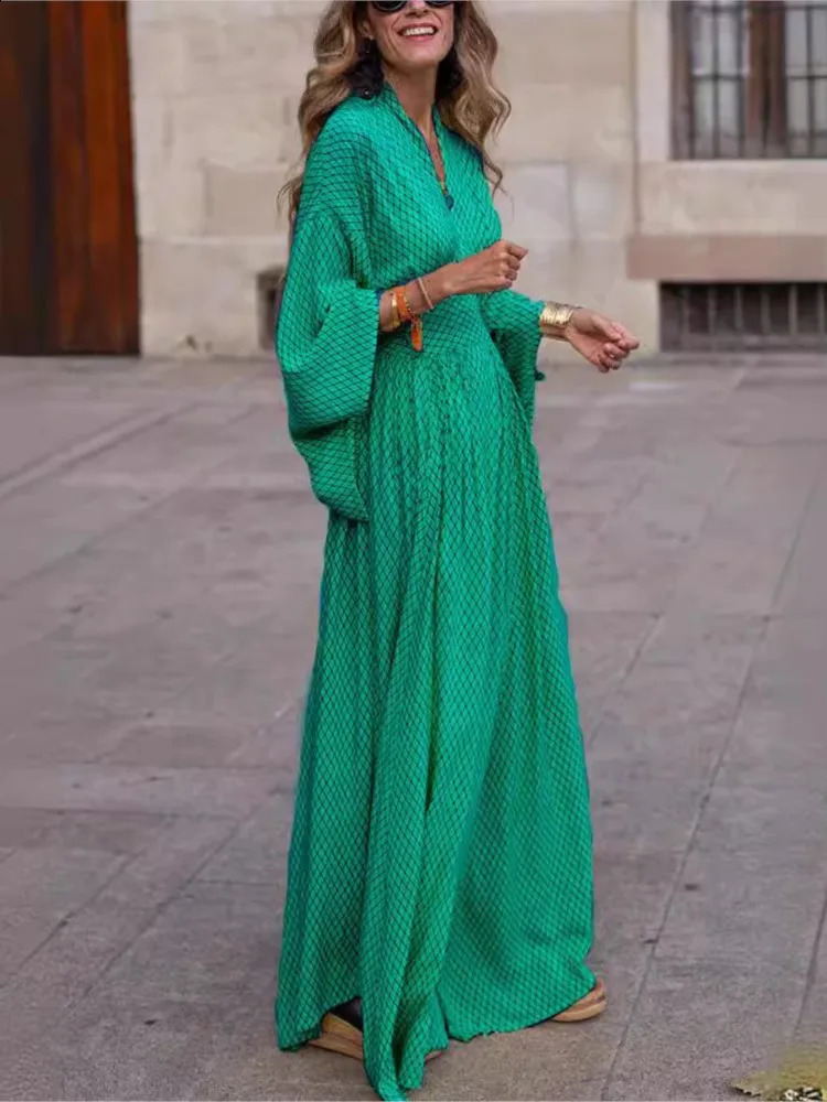 Vintage Boho Womens Casual Dress Sping Fall Fashion V-neck Lantem Sleeve Folds Waist Loose Maxi Streetwear Dresses For Women 240822
