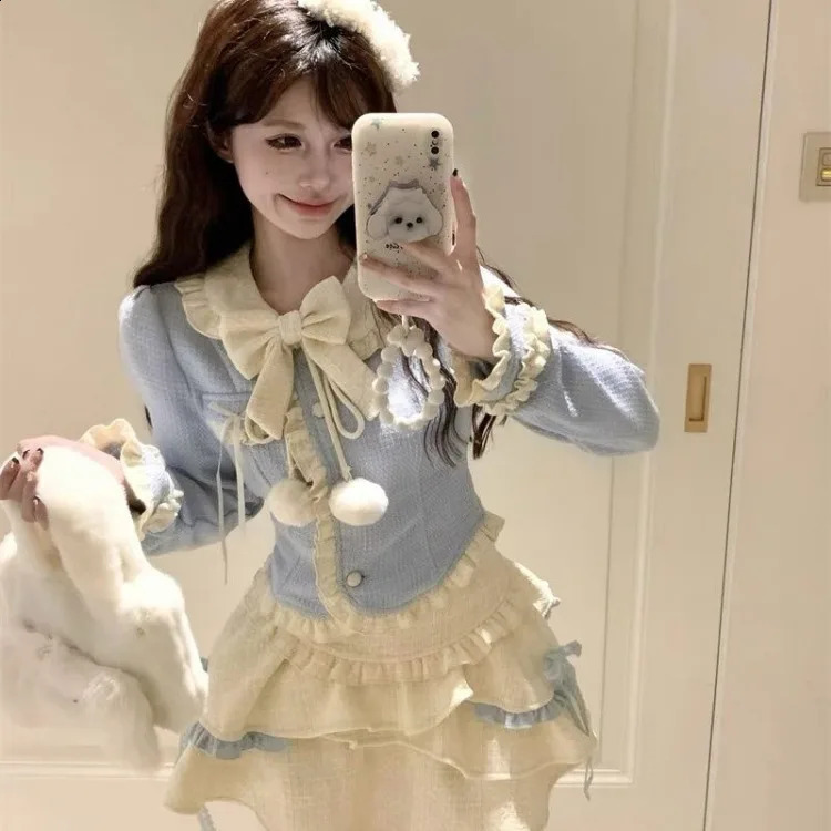 Sweet Cute Bow Peter Pan Collar Long Sleeve Tops Women Y2k High Waist Ruched Skirts Spring Autumn Two Piece Sets 240823