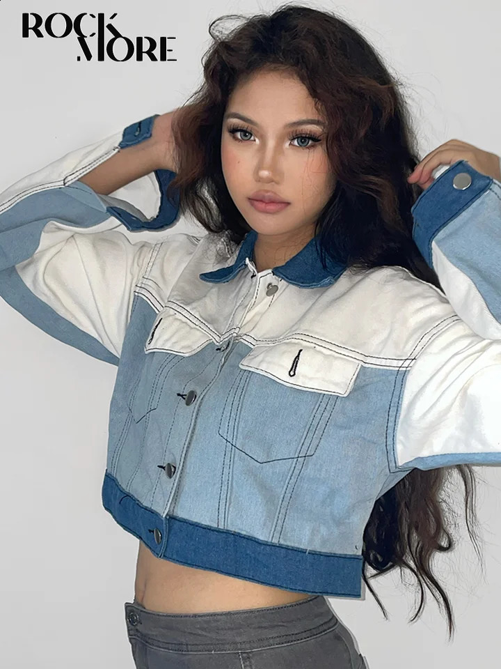 Rockmore Contrast Patchwork Denim Jackets Korean Fashion Streetwear Pockets Cropped Jean WomenS Coats y2k Casual Outerwear 240823