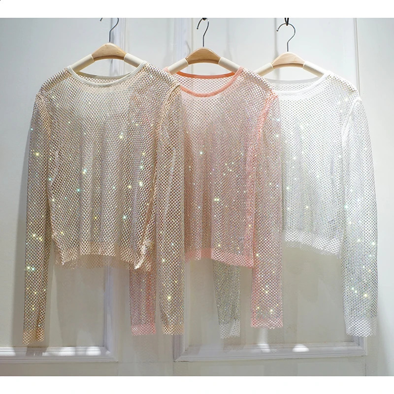 Womens Warm Rhinestone Round Neck Long Sleeve Bright Color Summer Starlight Hollow Shining Bottom Shirt Top Trend for Women 240822