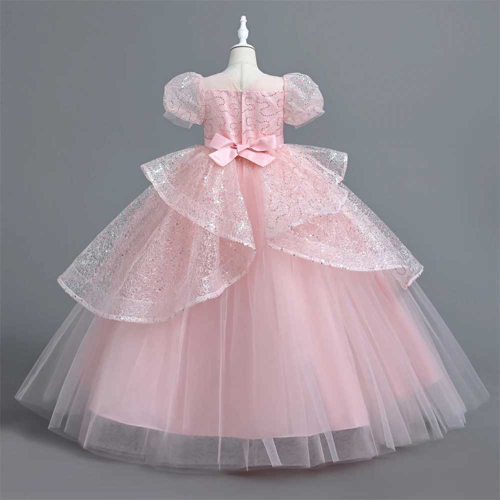 Yoliyolei Sparkling Girl Ceremony Dress with Puff Sleeves Elegant Girl Dress 12 Years Old Formal Birthday Pink Childrens Dress W240823