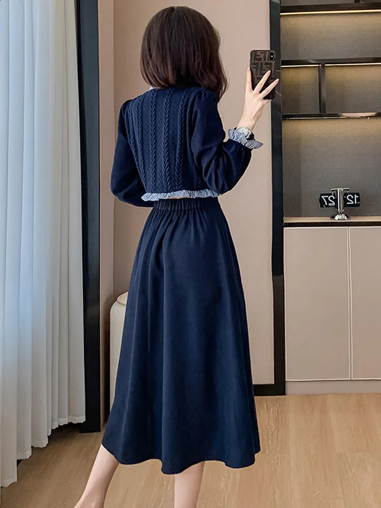 Autumn Fashion Two Pieces Set Korean Women Vintage Ruffles Knitted splicing Shirt Top A-Line Midi Skirts Elegant Outfits 240823