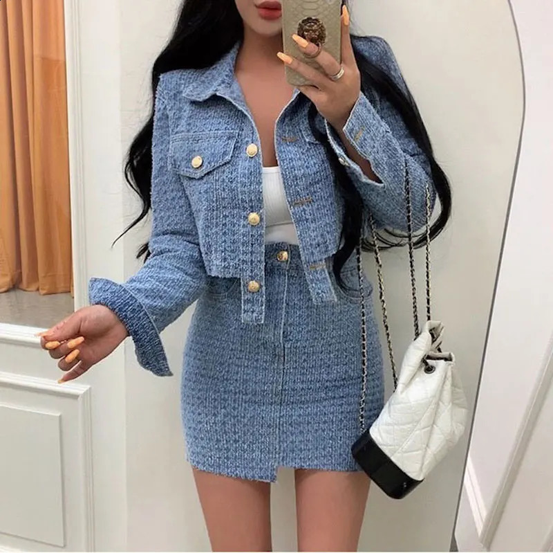 Cow Set Two-piece Suit Autumn Fashion Turndown Collar Blue Single-breasted Short Denim Shirt Top Solid Color Hip Skirt