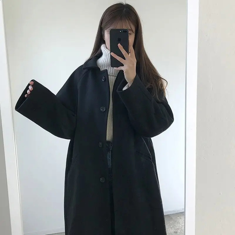 Black Long Coat Women Thick Winter Korean Short with Velvet Mid-length Woolen Coat Woman Parkas Wrap Coat Autumn 240822
