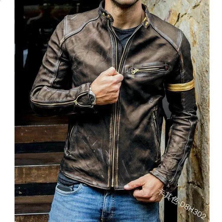 Fall Mens Retro Leather Jacket Trendy Handsome Riding Locomotive Windproof Jacket High Street Slim Fashion Mens Clothing 240822