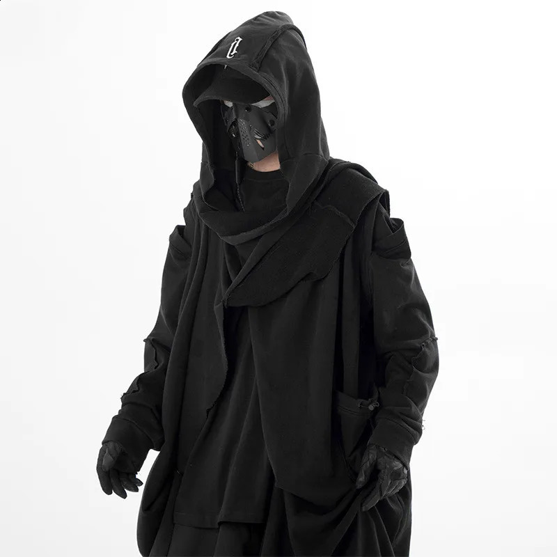 Ripped Hole Hip Hop Punk Trench Coat Destroyed Techwear Hooded Cloak Vagrant Style Vintage Long Jacket Cape For Men 240822