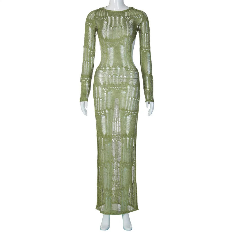 Women Fashion Knitted Solid Long Sleeve Backless Sexy Slim Maxi Dress Fall See Through Vacation Party Outfit Y2K 240823