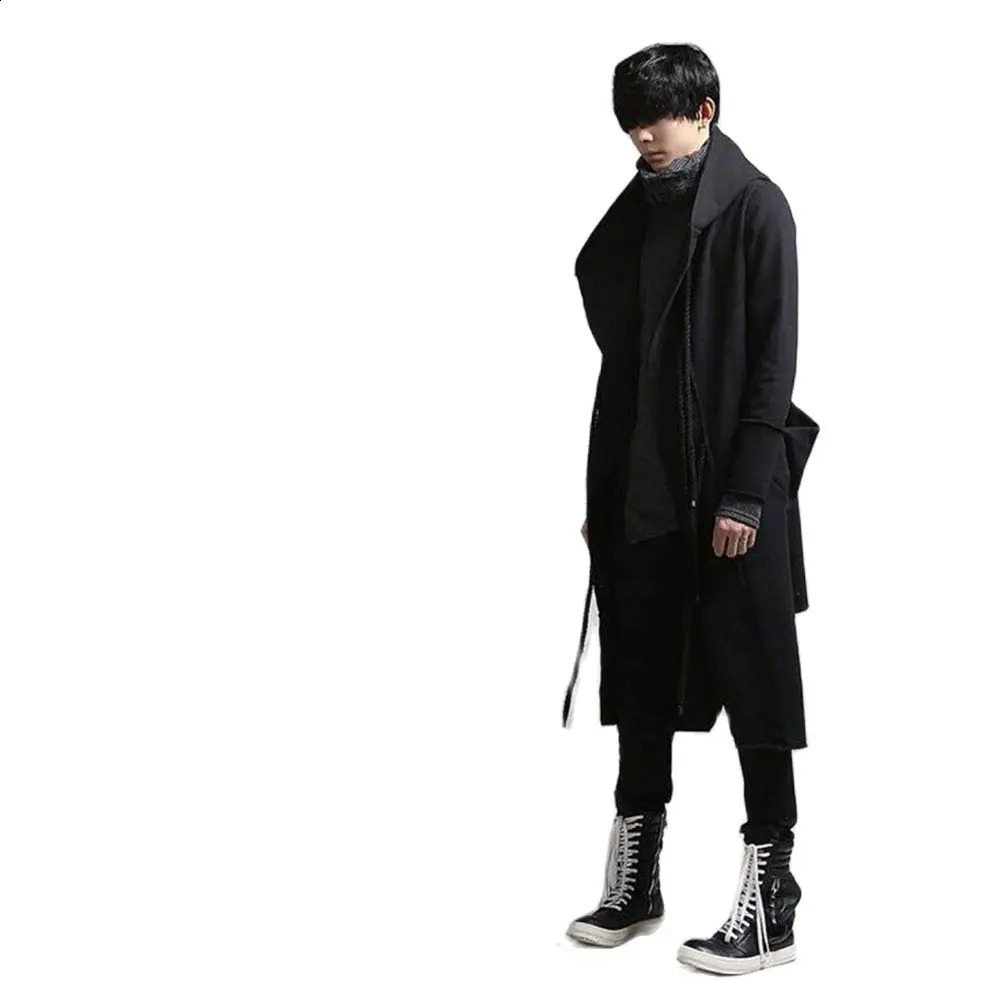 Autumn Trench Men Punk Coats Hip Hop Outerwear Slim Fit Long Coat Hooded Cloak Cardigan Mens Linen Rope n Gothic Jackets 240822