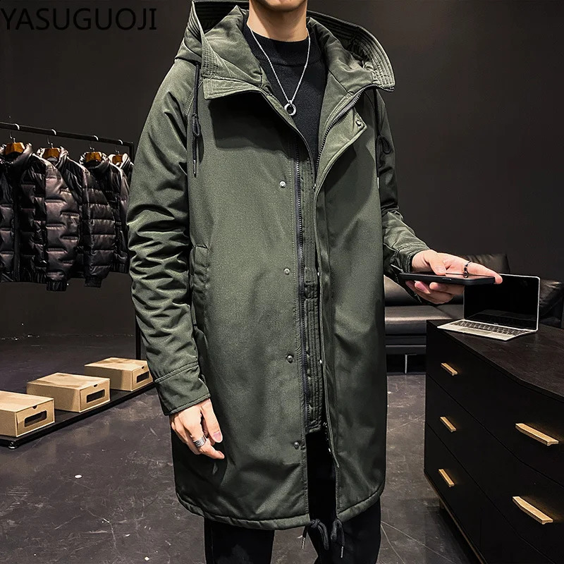 YASUGUOJI Mens Autumn and Winter Thicken Hooded Windbreaker Military Army Green Long Jacket Male Denim Trench Coat For Men 240822