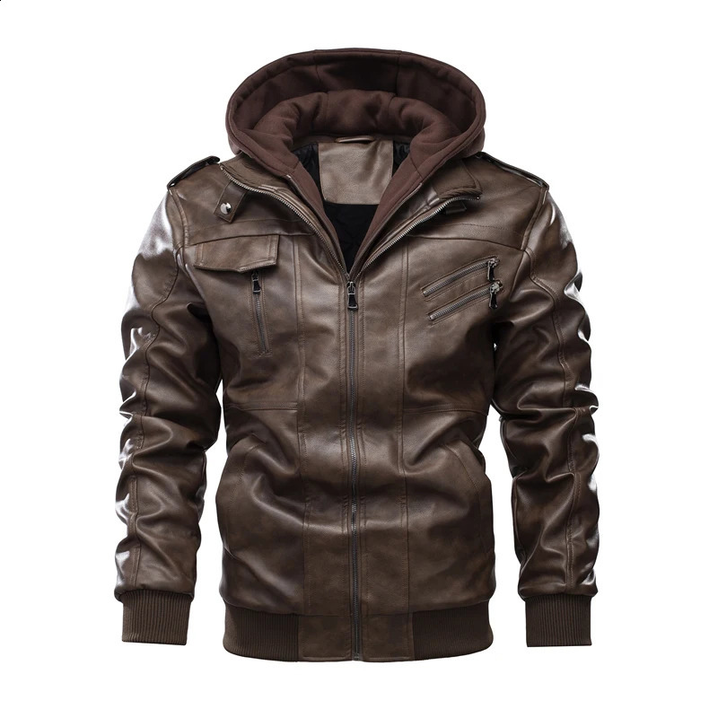 Faux leather jacket mens autumn and winter leather jacket mens windproof and warm motorcycle jacket hooded Pu jacket K483 240822