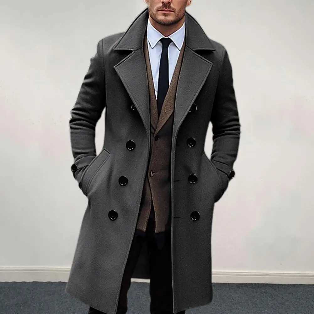 Mid-length Outwear Elegant Mens Woolen Coat with Lapel Double Breasted Design Stylish Long Sleeve Windbreaker for WinterXJ240822