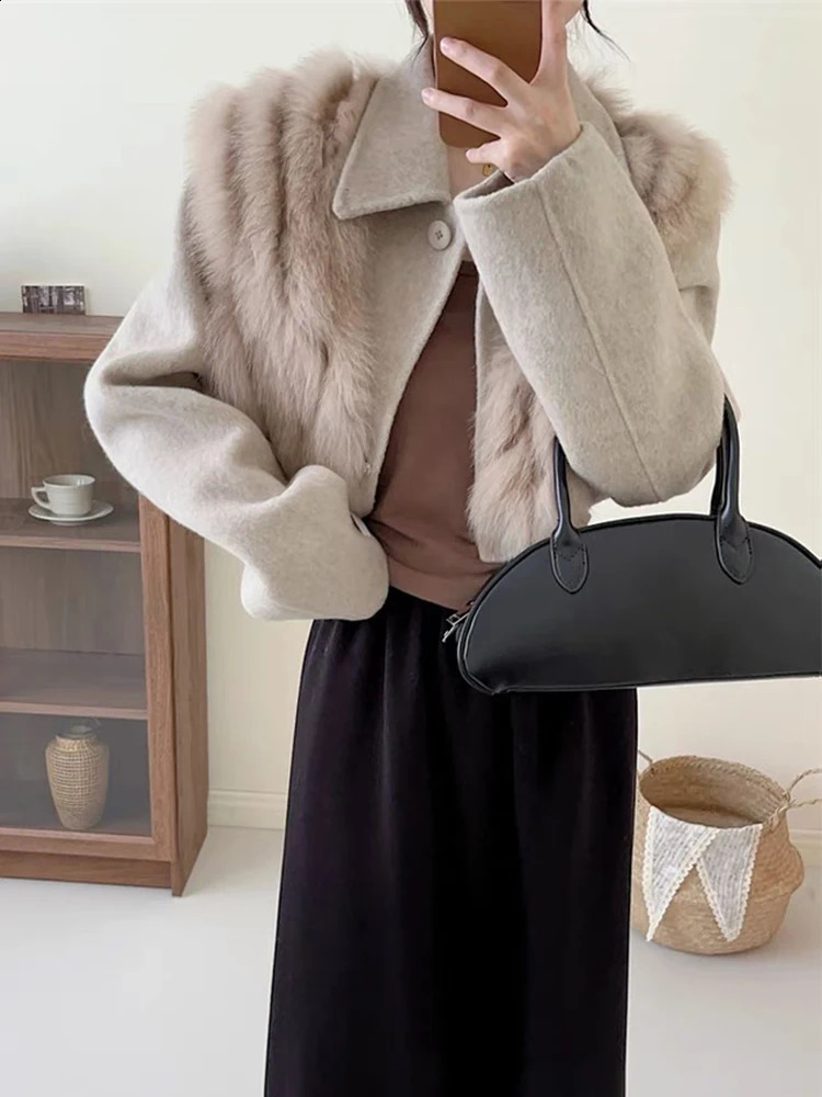 Women Autumn Handmade Double Side Short Woolen Jacket Real Fox Fur Warm Female Spring White Fashion Woolen Coat 240822