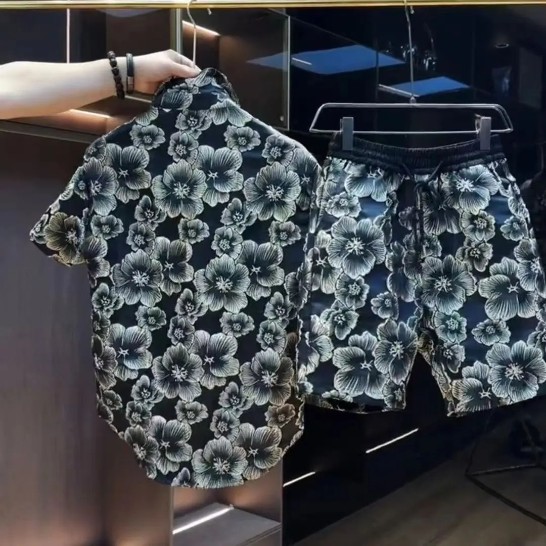 Ethnic Style Scalding Gold Flower Shirts And Shorts Two Piece Set Mens Fashion Short Sleeved Suits Summer Casual Loose Outfits 240822