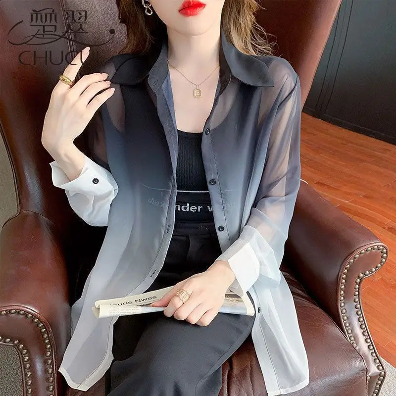 Women Summer Simplicity Loose Sunscreen Tie Dye Gradient Color Chiffon Long Sleeve Shirts Women Clothes Casual All-match Tops 240823