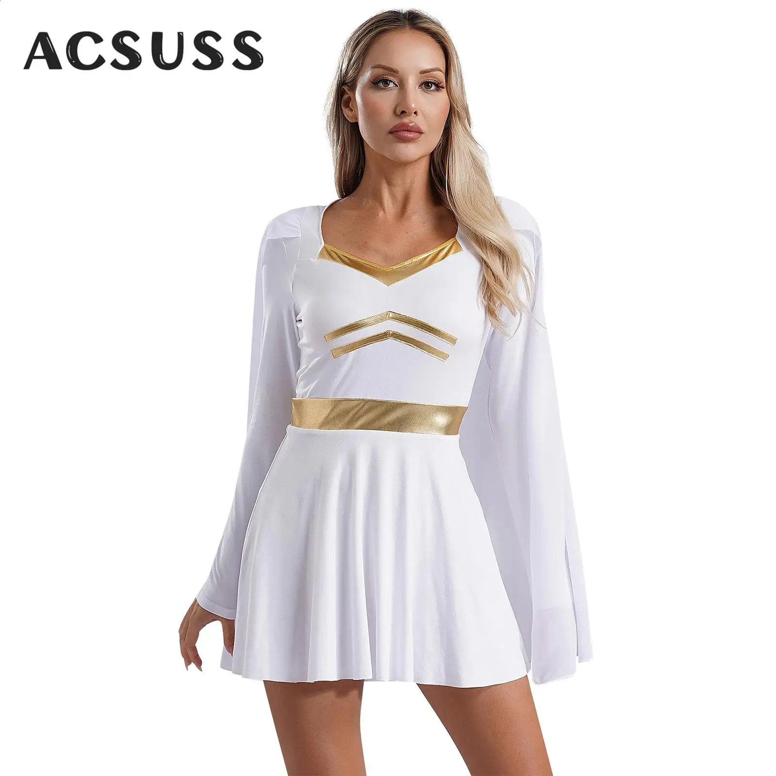 Womens Ancient Roman Dress Halloween Role Playing Costume Greek Long Sleeve Metal Chiffon Cape Town Theme Party 240823