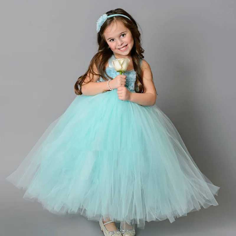 Baby girl Aqua Flower Tutu dress childrens crocheted chiffon dress ball dress headband childrens birthday party dress evening dress W240823