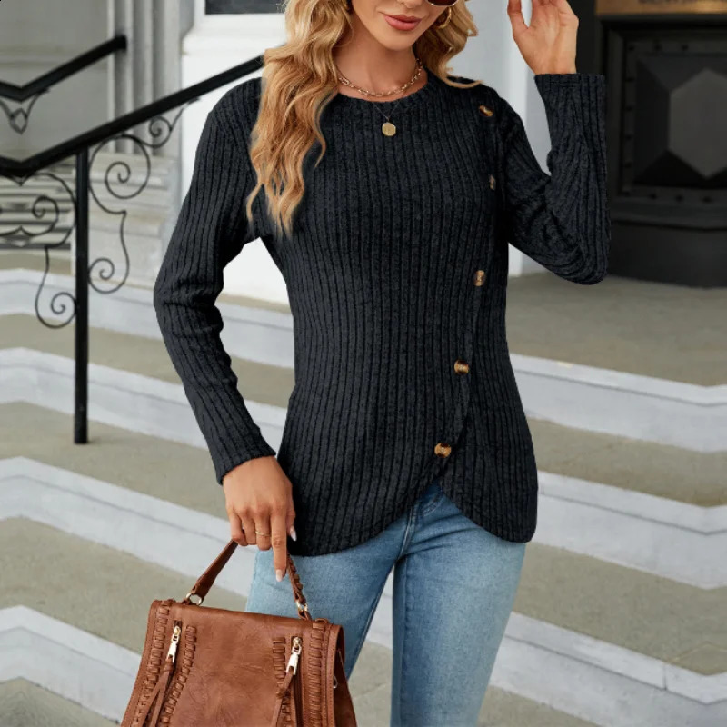 Womens clothing autumn and winter fashion patchwork button round neck long sleeved solid color zipper sweater w240824