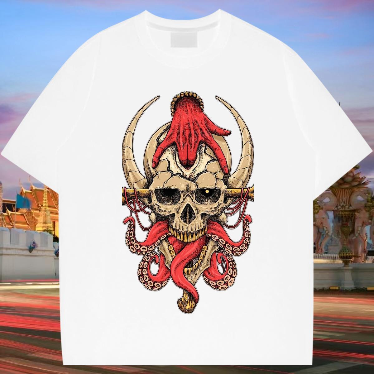 Unisex T-Shirts 230g Cotton skull Street Black White Round Neck Short Sleeve Men Tops Tees Fashion New Tshirts