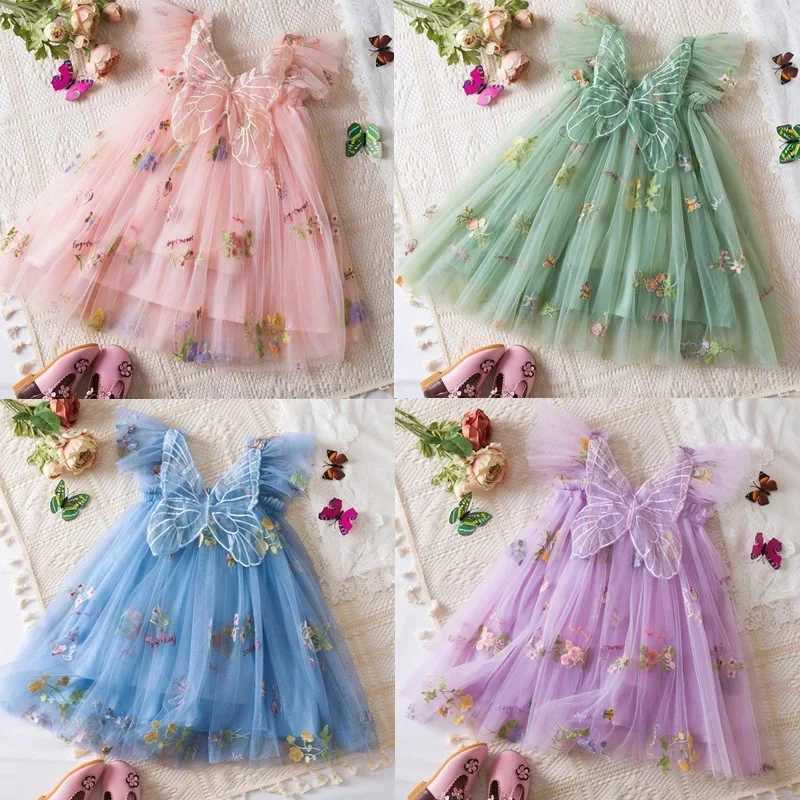 2024 Childrens Dress Girls Summer Dress Butterfly Wings New Flower Dress Dance Performance Tutu Grid Princess Dress Baby Clothing W240823