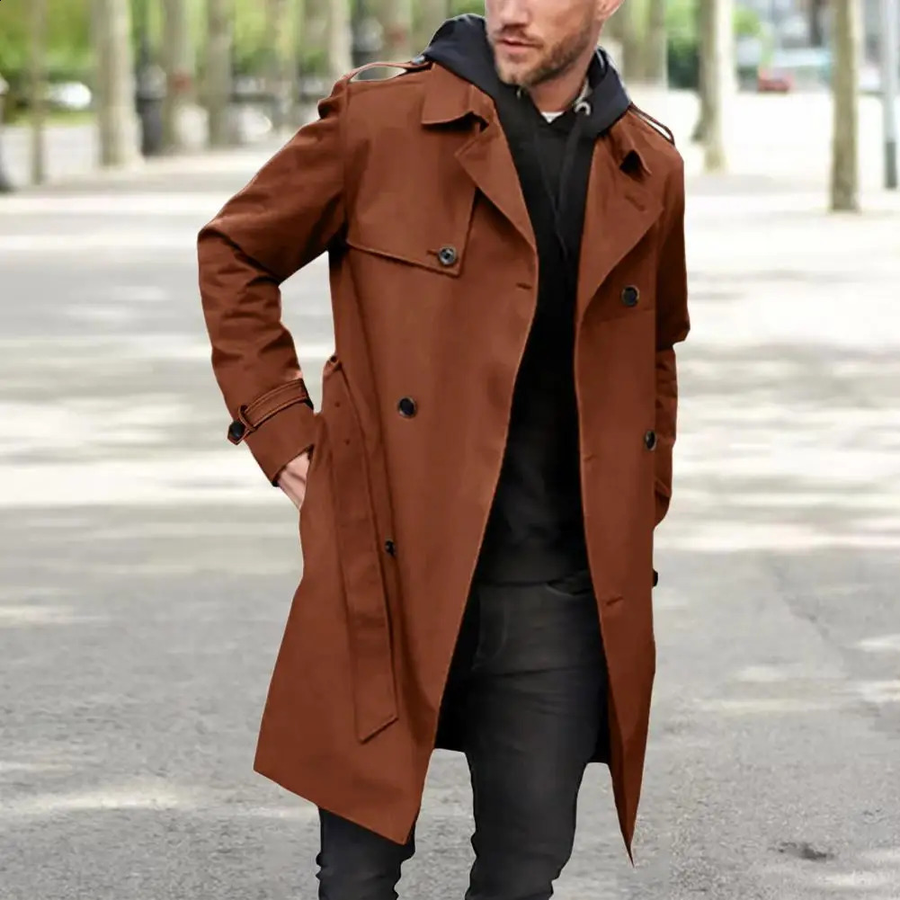 Men Belt Coat Business Mid-length Double-breasted Jacket Stylish Mens Double-breasted Long Coat Slim Fit for Autumn/winter 240822