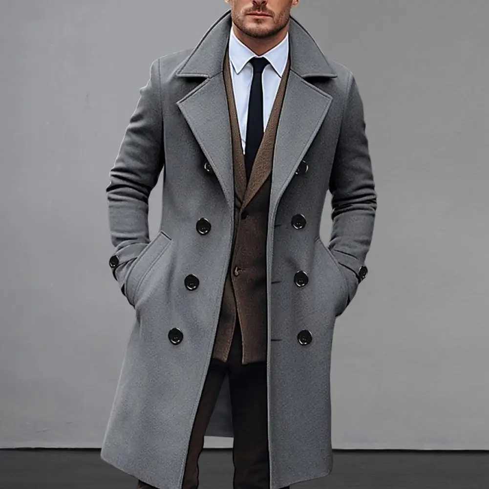 Men Business Overcoat Mens Double Breasted Long Woolen Coat with Lapel Pockets Solid Color Mid-length Outwear for Winter WarmthXJ240822