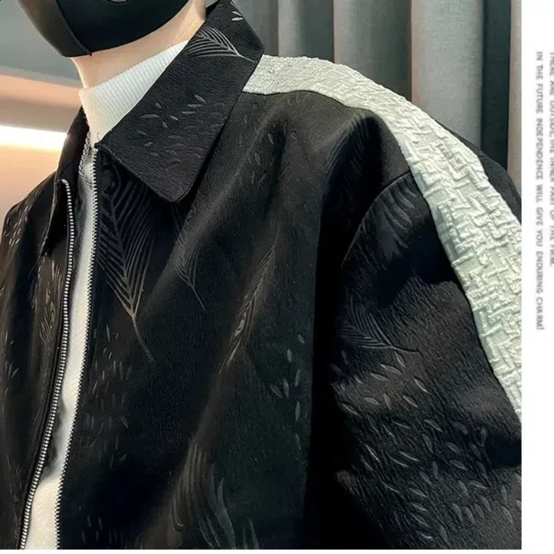 Trendy Mens Spring and Autumn Spliced Turn-down Collar Zipper Pocket Fashion Solid Loose Casual Long Sleeve Jackets 240822