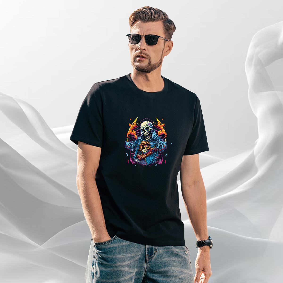 TOP Quality Man T Shirts 230g Pure Cotton skull Hip Hop Street DIY Anime Short Sleeve Soft Men Tops Tees Classic Casual Tee Shirt