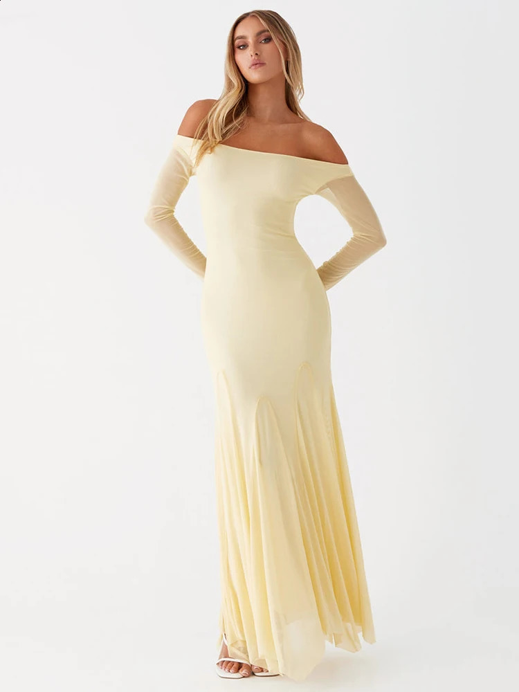 Mozision Off-shoulder Long Sleeve Sexy Maxi Dress For Women Autumn Strapless Backless Pleated Elegant Long Dress Fashion 240823