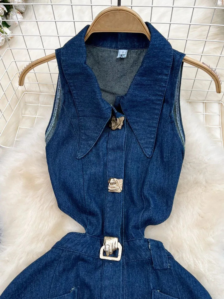 DEAT Trendy Fashion Womens Metal Buckle Waist Hollow Out Denim Dress Spring Lapel Sleeveless Split Dresses Female 33A1196 240822