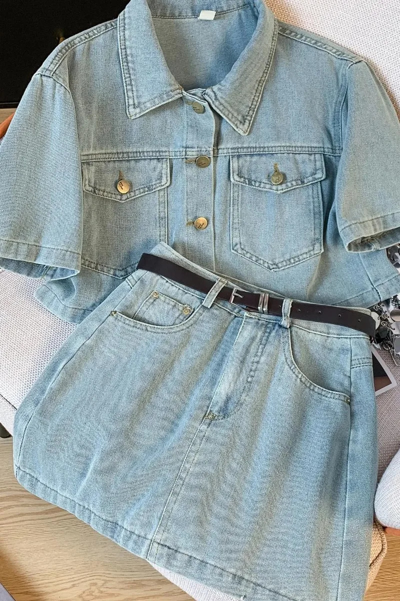 Sweet Retro Suit Womens Summer Short Sleeved Denim Jacket A-line Short Skirt Two-piece Set Fashion Female Clothes 240823