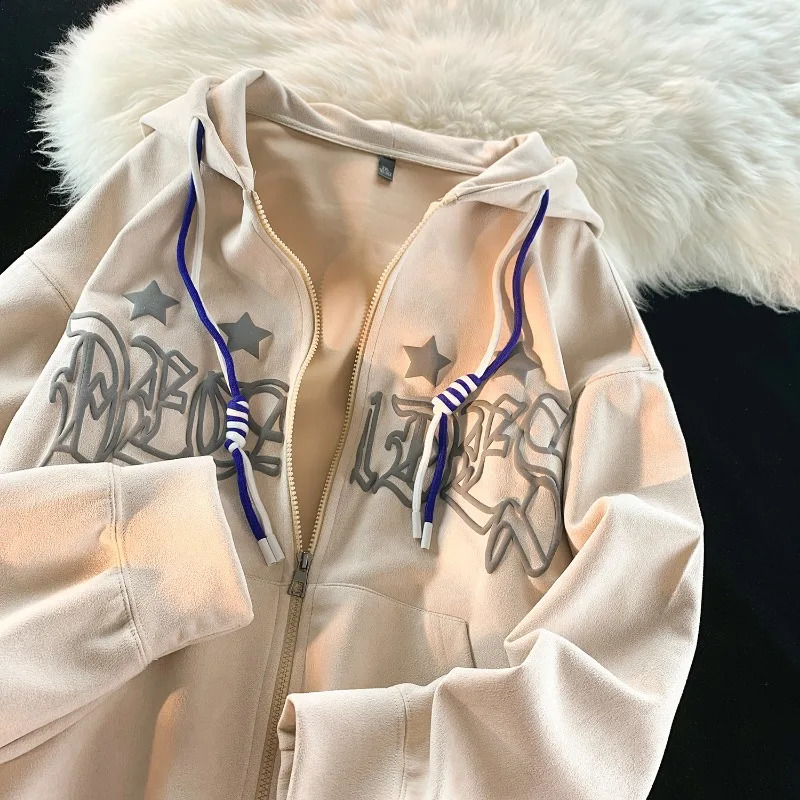 Faux Suede Hoodie Gothic Foaming Printing Zip-up Hoodies Colour Blocking Drawstring n Y2k Hooded Coat Man Women Coats 240823